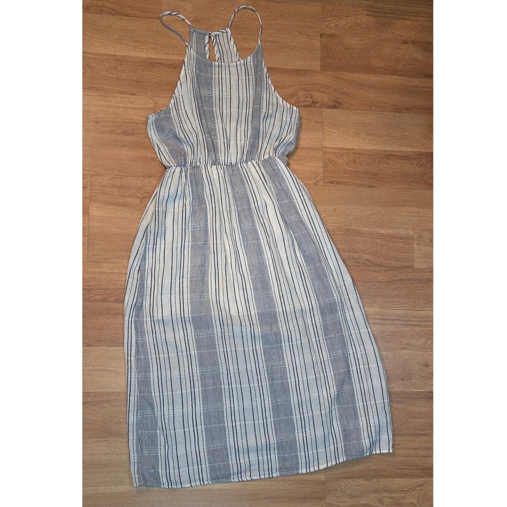 Everly Blue White Striped Halter Midi Dress Large Elastic Waist Keyhole Back L